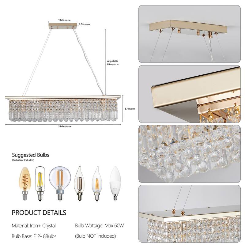 Modern Rectangular Crystal Chandelier 8-Light Gold Pendant Light Fixture for Dining Room & Bar
