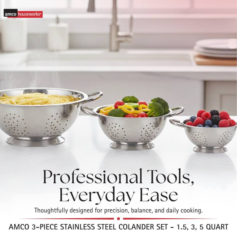 Amco 3-Piece Stainless Steel Colander Set - 1.5, 3, 5 Quart - 1.5, 3, 5 Quart