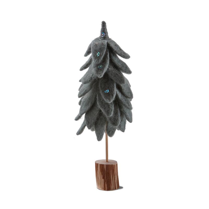 Wooly Felt Christmas Tree with Log Base - Small Dark Green Holiday Decor Figurine, 13" H x 3.5" L x 3.5" W