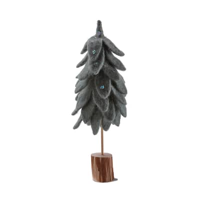 Wooly Felt Christmas Tree with Log Base - Small Dark Green Holiday Decor Figurine, 13" H x 3.5" L x 3.5" W