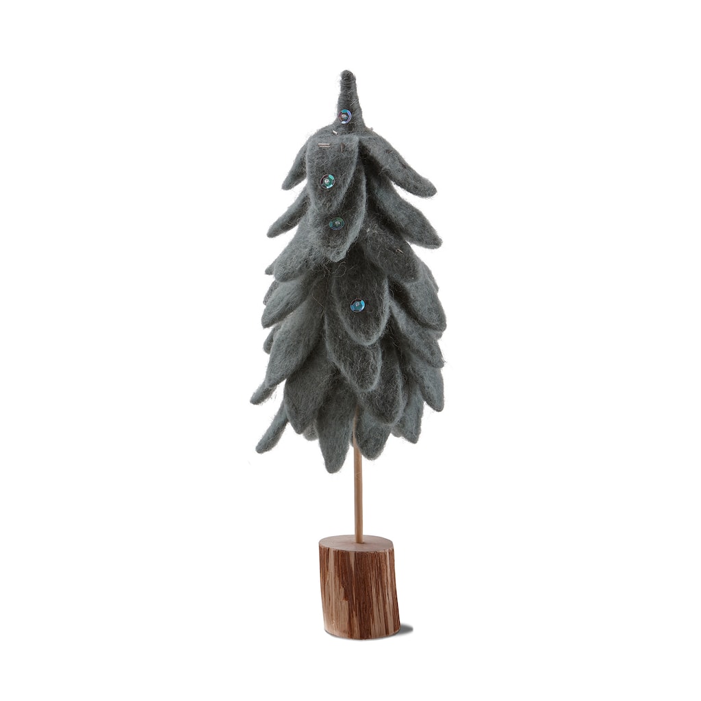 Wooly Felt Christmas Tree with Log Base - Small Dark Green Holiday Decor Figurine, 13" H x 3.5" L x 3.5" W