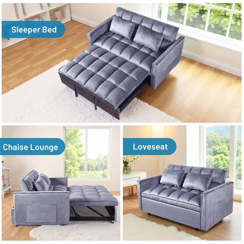 3-in-1 Convertible Sleeper Loveseat Pull Out Twin Size Suede Sofa Bed with 2 Pillows & Pocket