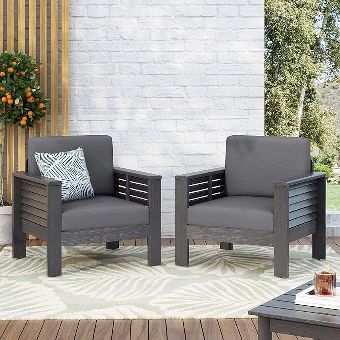 Roomfitters Outdoor Acacia Wood Club Chair with Cushions, Teak Frame and Weather-Resistant Beige Cushions, Ideal for Patio - Grey (Set of 2)