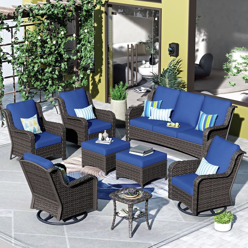 OVIOS 8-piece Rattan Wicker Patio Furniture Set Swivel Rocking Chair Set - Navy Blue