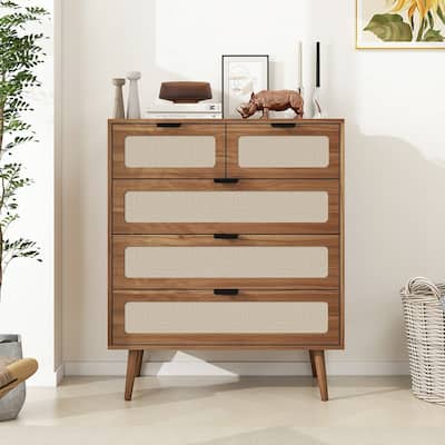 Accent Storage Cabinet with 5 Drawers and Rattan Surface,Suitable for Living Room, Bedroom