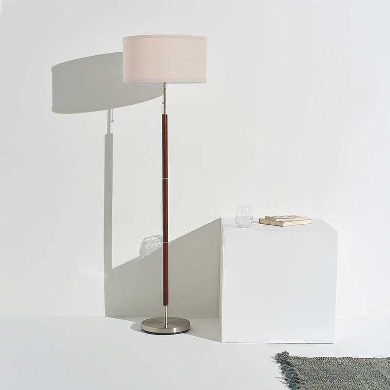 Brightech Carter 65 in. Walnut Brown Mid-Century Modern LED Super Bright Floor Lamp with Beige Fabric Drum Shade