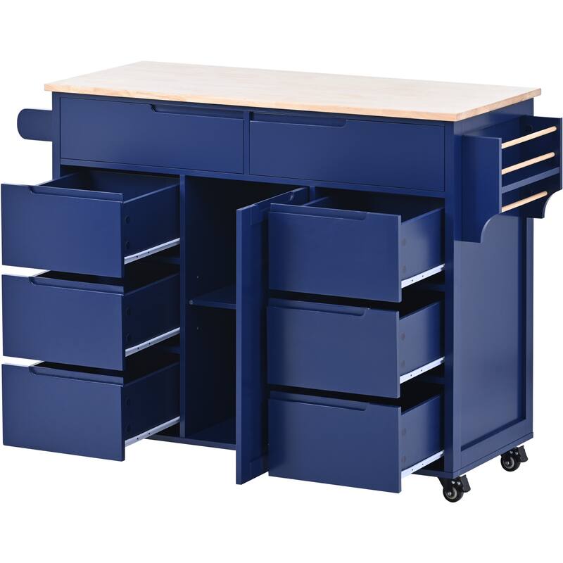 Rolling Blue Kitchen Island with 5 Wheels, Rubber Wood Top Kitchen Cart with 8 Handle-Free Drawers and Flatware Organizer