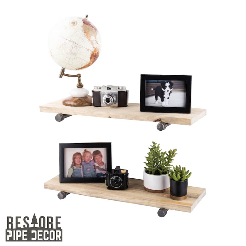 Restore Wood 24 in. Wall Shelf Straight Steel Pipe Brackets, Set of 2 - Driftwood Tan