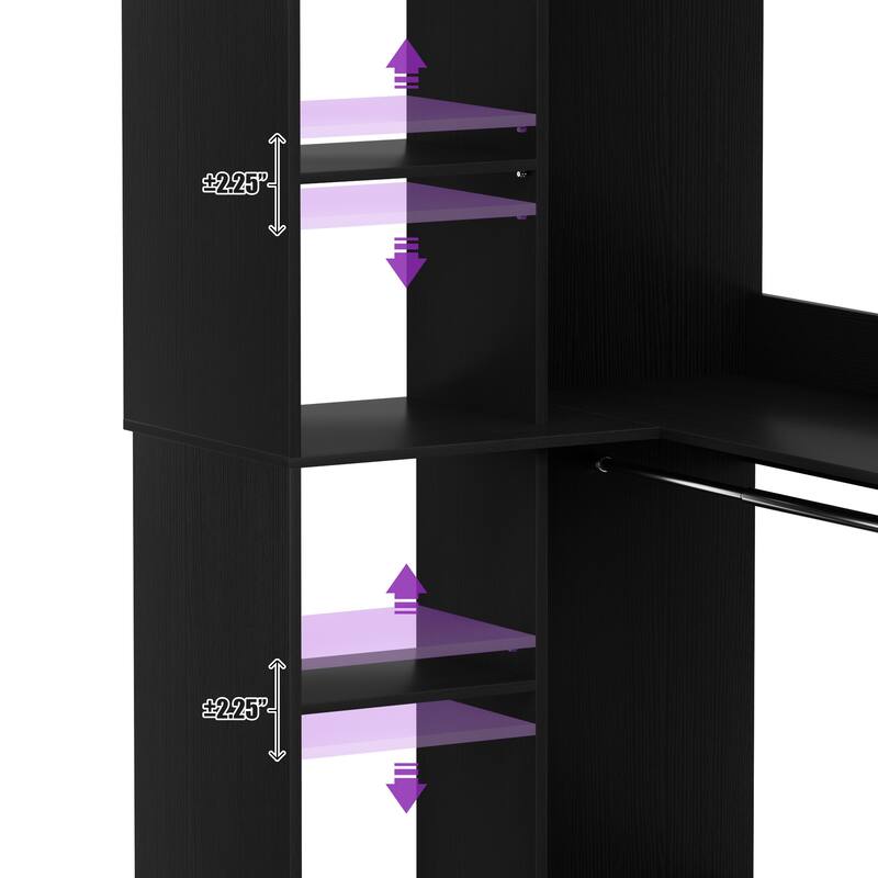Qvella 36" Corner Closet System with 2 Hanging Rods and Hutches, Freestanding Corner Wardrobe Rack with Adjustable Shelves