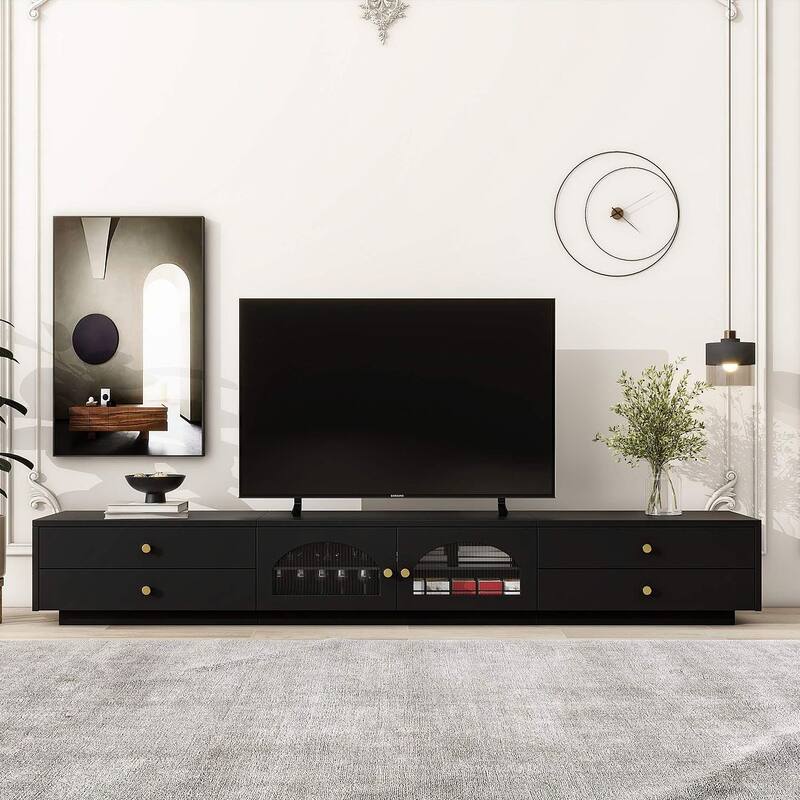 86.6" Modern TV Stand with Fluted Glass Doors - Black