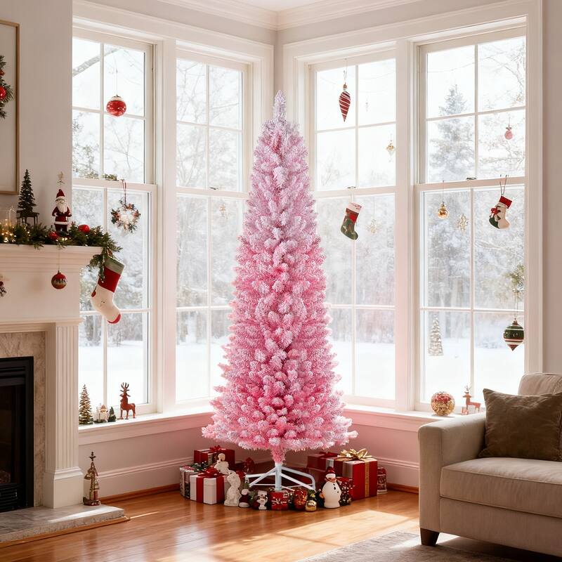 Costway 6/7 FT Snow-flocked Artificial Pink Christmas Tree with 140 - See Details