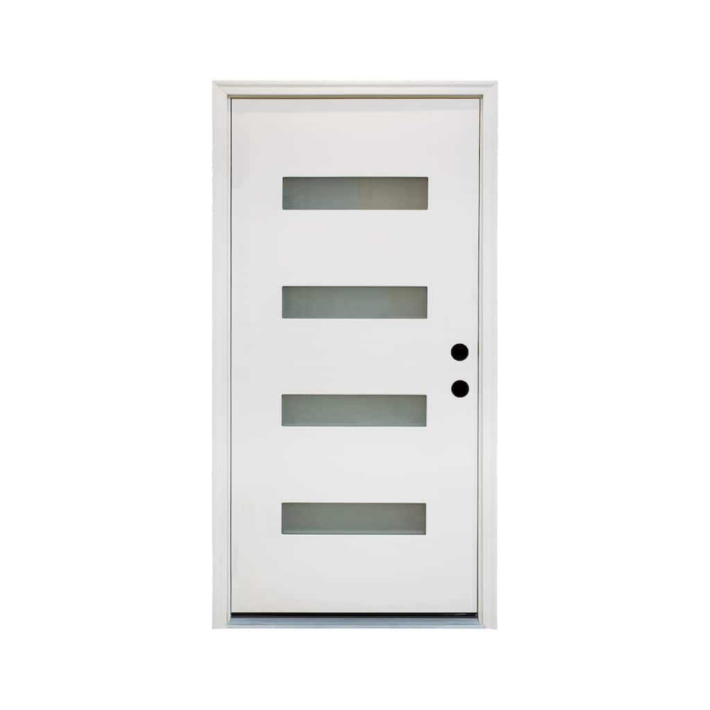 36 x 80 Fiberglass Entry Door, 4-Lite Frosted Glass - Contemporary Style for Home's Front Entrance, Left Hand Inswing - White