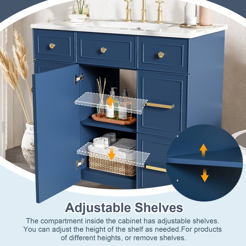 36" Bathroom Vanity with Ceramic Sink,Solid Wood Frame
