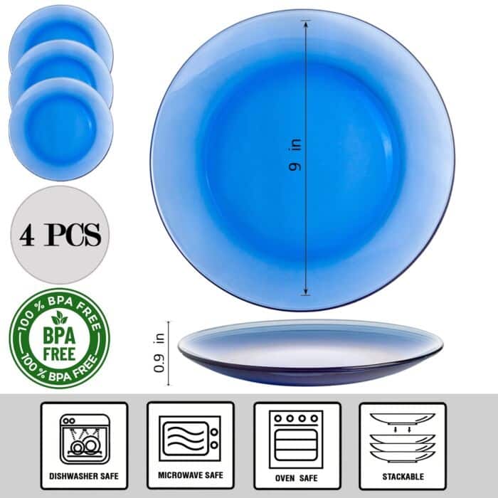 STP Goods 9.2" Borosilicate Glass Dinner Plate Set of 4 - 9.25x0.9" - 4 Piece - Blue