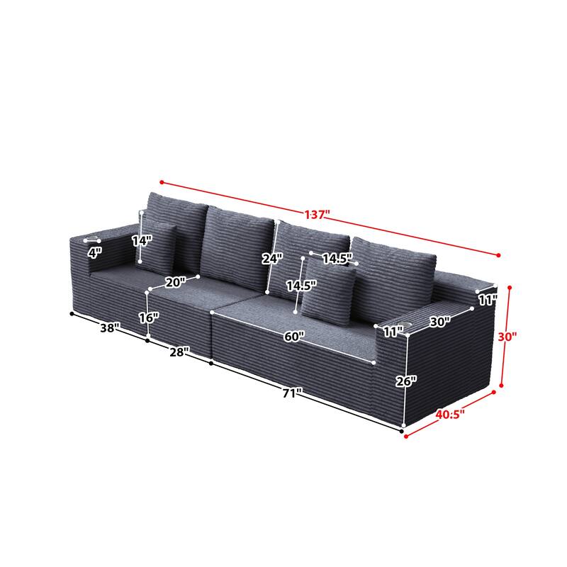 Modular Sectional Cloud Couch, Oversized Corduroy Fabric Deep Seat Sofa, Upholstered Sofa with Armrests & Cup Holders