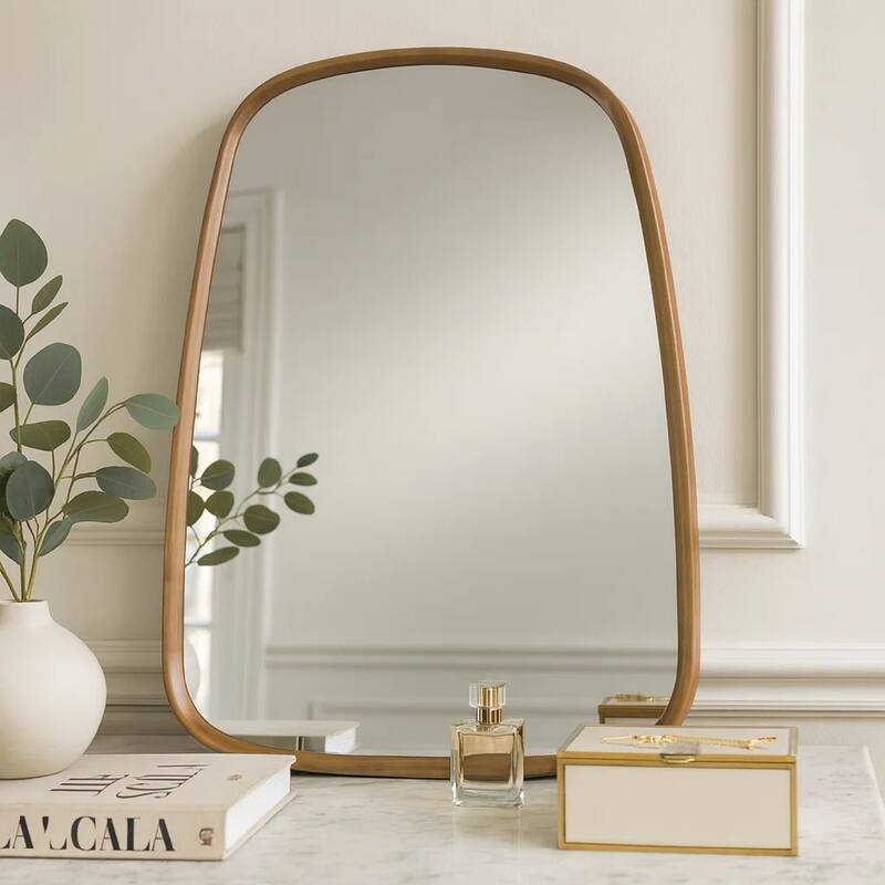 Roe 27 Inch Wall Mirror, Brown Curved Pine Wood Frame, Minimalistic