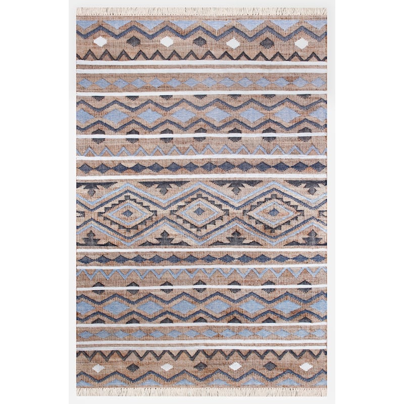 Sevita Hand-Woven Southwestern Jute-Blend Area Rug, Tan and Light Blue - 6' x 9'