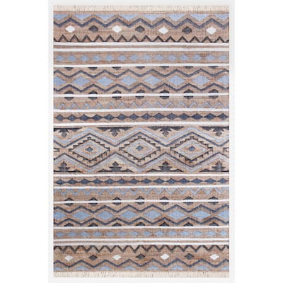 Sevita Hand-Woven Southwestern Jute-Blend Area Rug, Tan and Light Blue