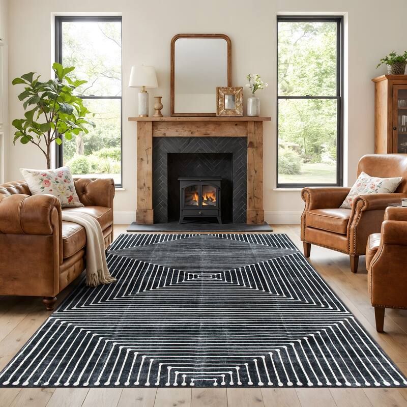 World Rug Gallery Bohemian Stripes Washable Non-Slip Area Rug - 8'x10' - Black