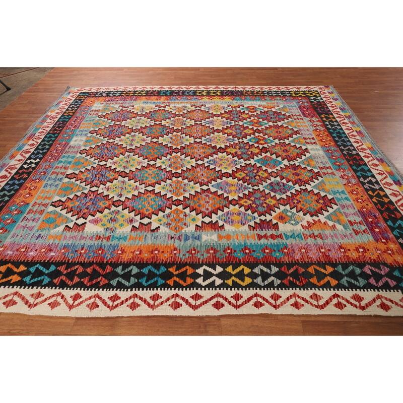 Southwestern Style Geometric Kilim Area Rug Hand-Woven Wool Carpet - 8'4" x 9'9"