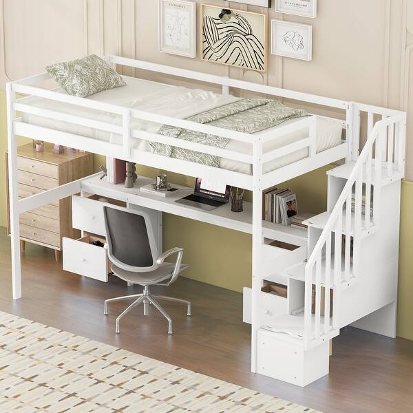 slide 2 of 38, Kid-Friendly Design Twin Size Loft Bed with Desk and Drawers White