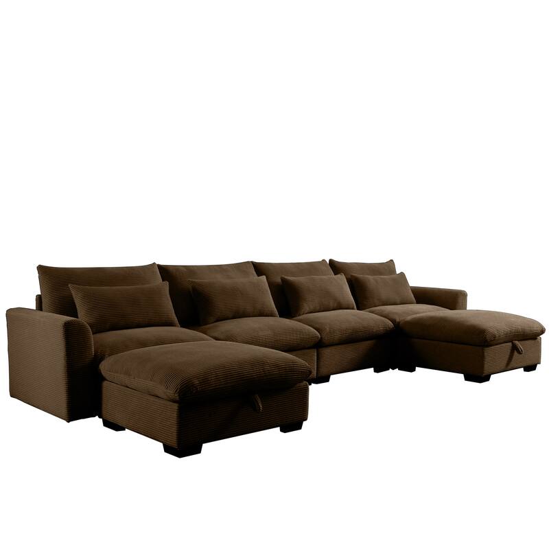 GDFStudio - Winslow Corduroy 4 Seater Sofa Couch with 2 Storage Ottomans and Pillows