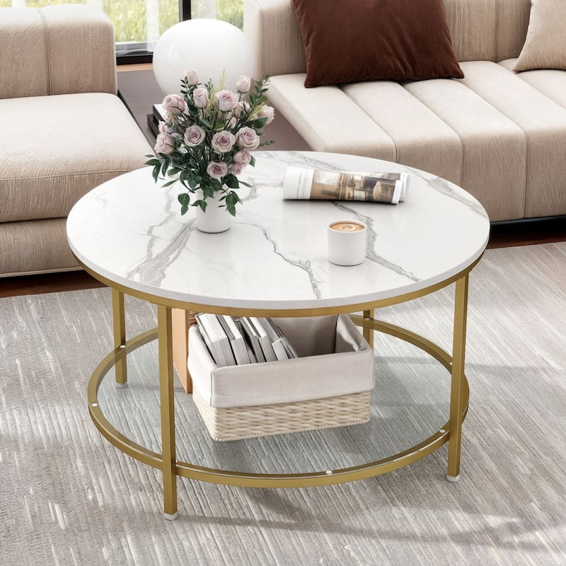 Moasis 31.5" Round Coffee Table, Marbling Goldtone 2-Tier Center Table with Storage Open Shelves