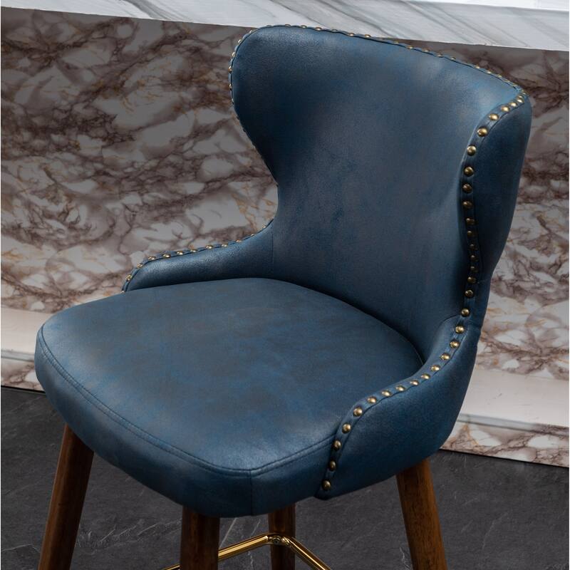 Modern Faux Leather Bar Stool Set of 2, Tufted Nailhead Trim Counter Stool with Footrest for Kitchen Island, Dining Room