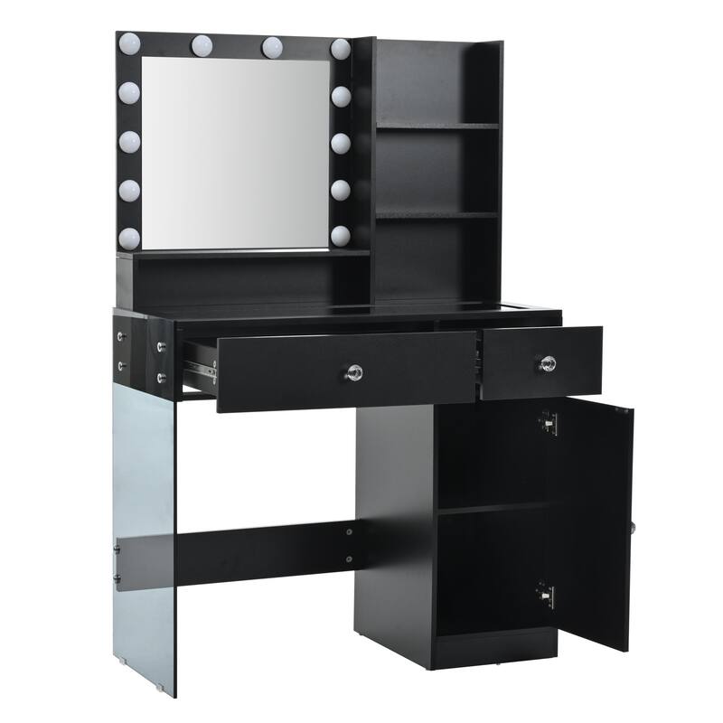 Vanity Desk with Mirror & Lights, Glass Top Dressing Table, Makeup Table with Charging Station, 2 Drawers & Cabinet