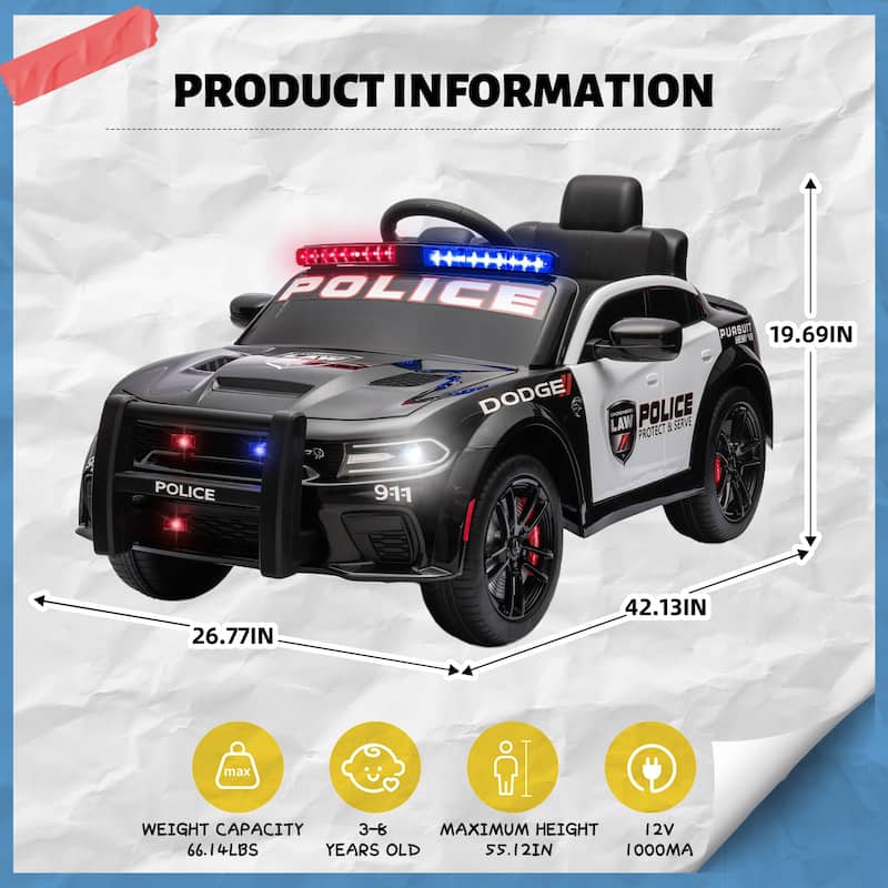 12v Kids ride on police car W/Parents Remote Control,anti-collision bar,Front& top and Four wheel suspension