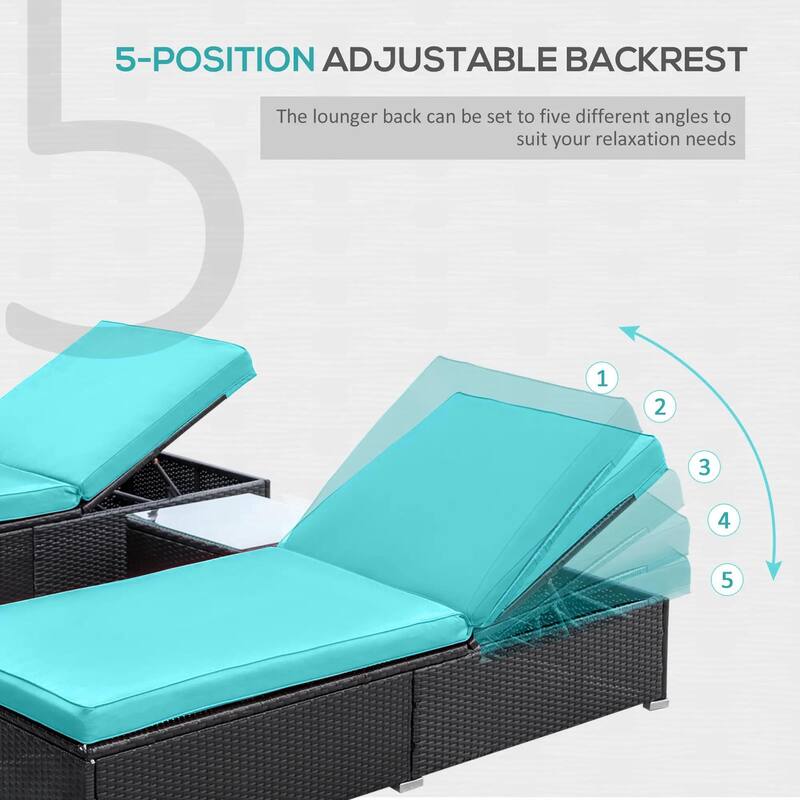 2PCS Adjustable Chaise Lounge, PE Rattan Pool Table Teak Accent