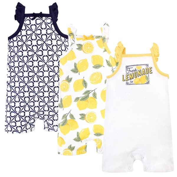 slide 1 of 1, Touched by Nature Baby Girl Organic Cotton Rompers 3pk, Lemon Tree 0 - 3 Months - Yellow
