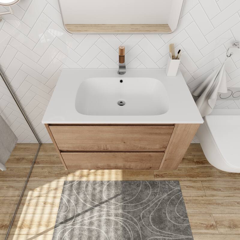 30" Wall-Mounted Bathroom Vanity with Gel Basin, Soft-Close 2/3 Extended Drawers, Adjustable Side Rack