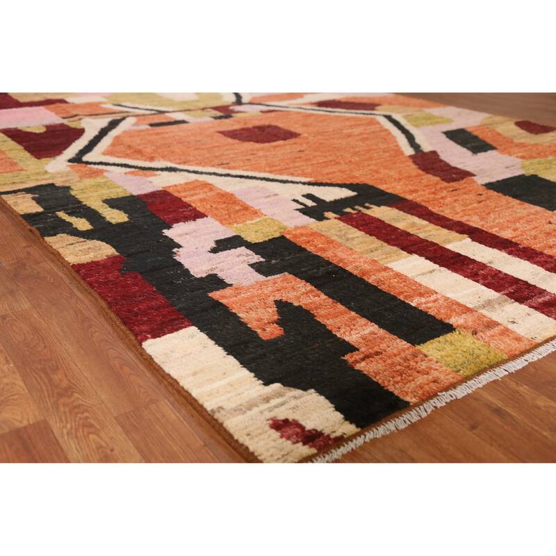 Geometric Moroccan Oriental Area Rug Orange Hand-Knotted Wool Carpet - 7'1" x 9'8" - 7'1" x 9'8" - Orange