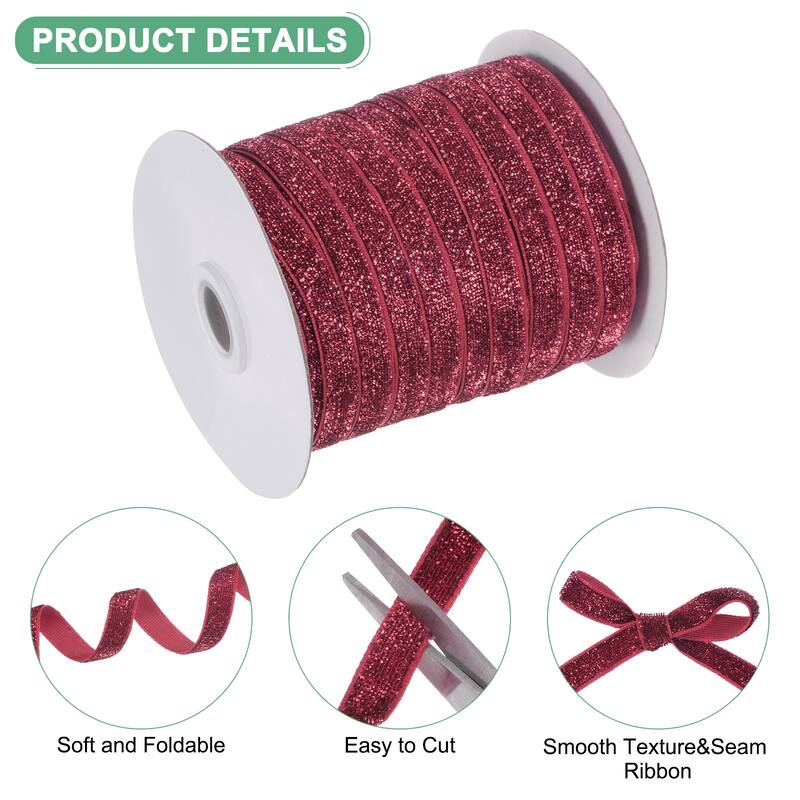 1 Pack Metallic Glitters Velvet Ribbon,3/8"x50 Yards for Gift - Wine Red