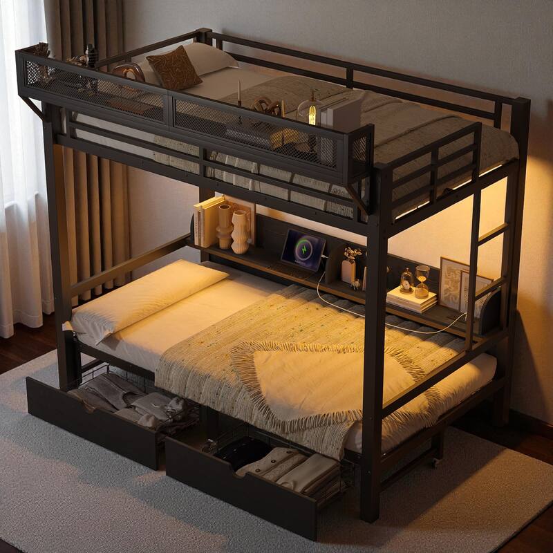 Queen over Queen/Twin XL over Twin XL Metal Bunk Bed with Storage Shelves, Drawers, USB Ports & LED Lights