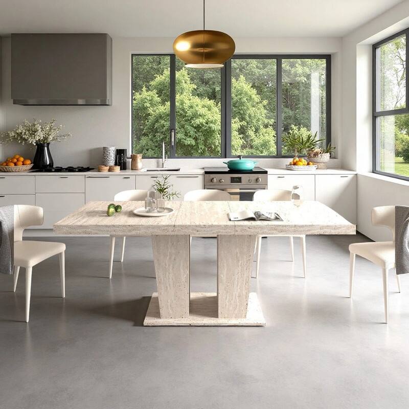 Wood Extendable Dining Table for 6-10 Person, Large Rectangle Expanding Dining Table with Black Double Pedestal Base