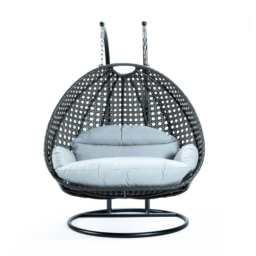 Leisuremod Modern Hanging Egg Swing Chair for 2-Person with Metal Stand, Charcoal Wicker, Patio Hammock Lounger with Cushions