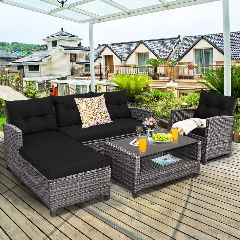 Costway 4PCS Patio Rattan Furniture Set Sofa Ottoman Cushion Garden - See Details - Black
