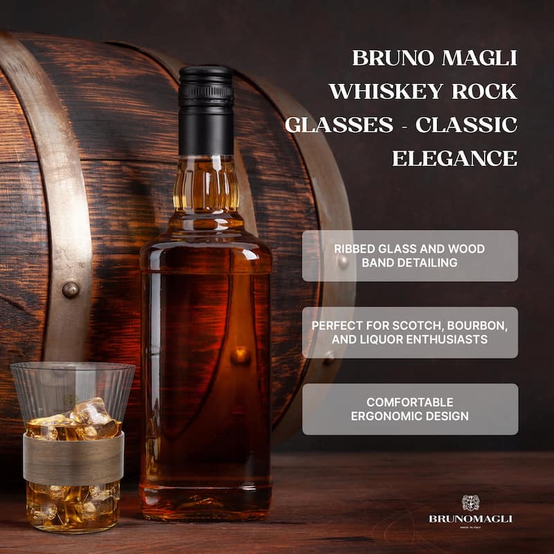 Bruno Magli Set of 4 Whiskey Rock Glasses with Wood Band - 10 oz