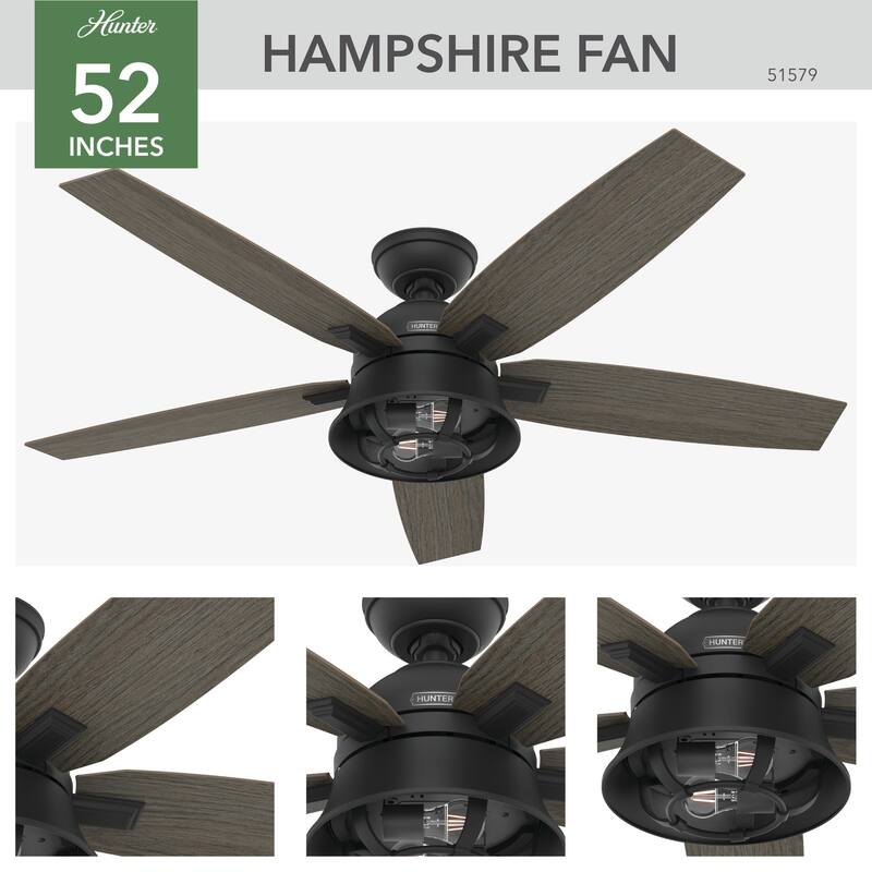 Hunter 52" Hampshire Ceiling Fan with LED Light Kit and Handheld Remote - Farmhouse - Exclusive SureSpeed!