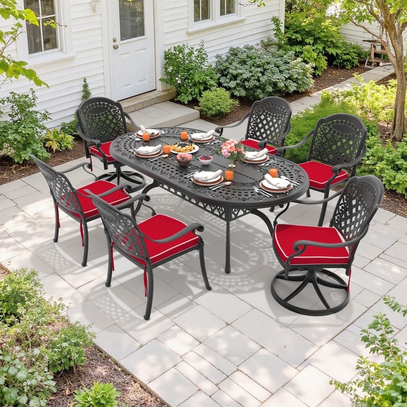 7-Piece Outdoor Dining Set with 1 Table and 6 Chairs, All-Weather Aluminum Outdoor Patio Sets