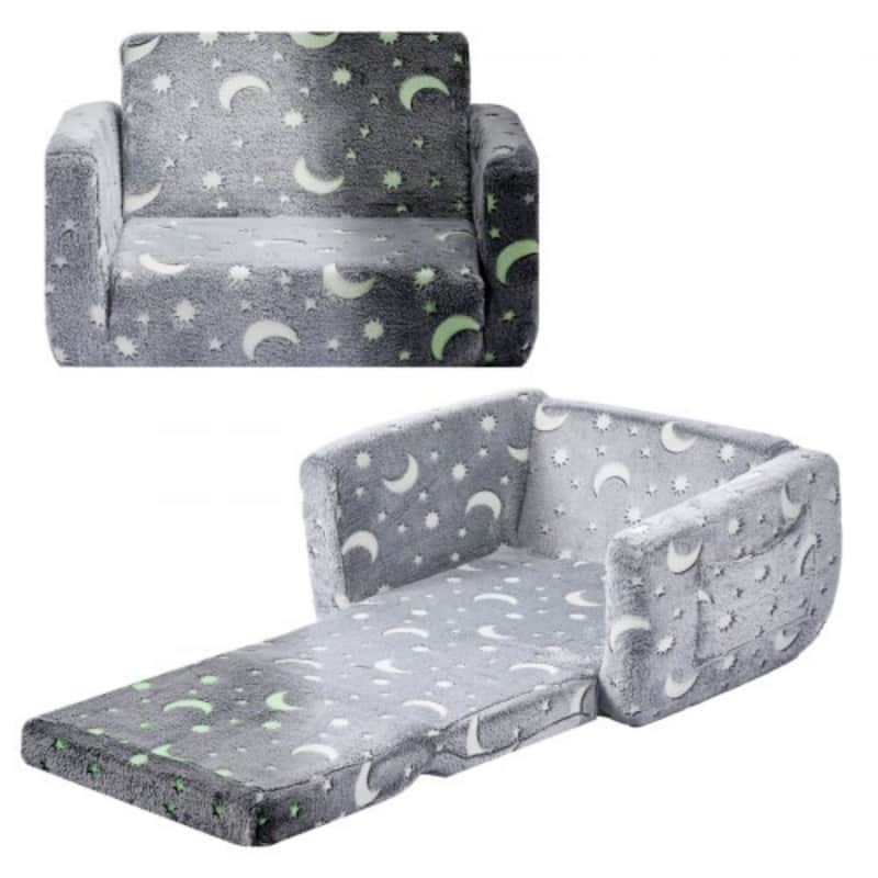 Grey Kids Foldable Sofa Bed with Glow-in-the-Dark Patterns and Comfortable Foam Seating - 24.0 x 41.3 x 12.0 in