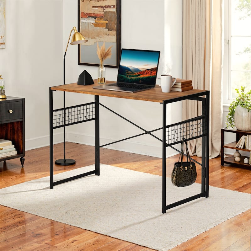 Homylin Folding Writing Desk with Metal Frame, Space-Saving Computer Table, No Assembly Required