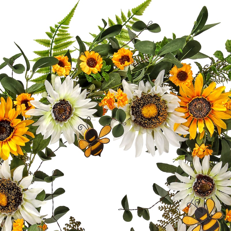 Mix Sunflower And Bee With Ribbon Wreath 24"