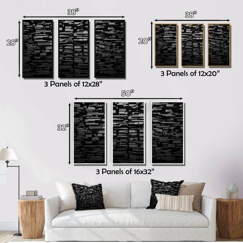 Designart "Black 3D Geometric Background" Abstract Framed Artwork Set of 3 - 4 Colors of Frames
