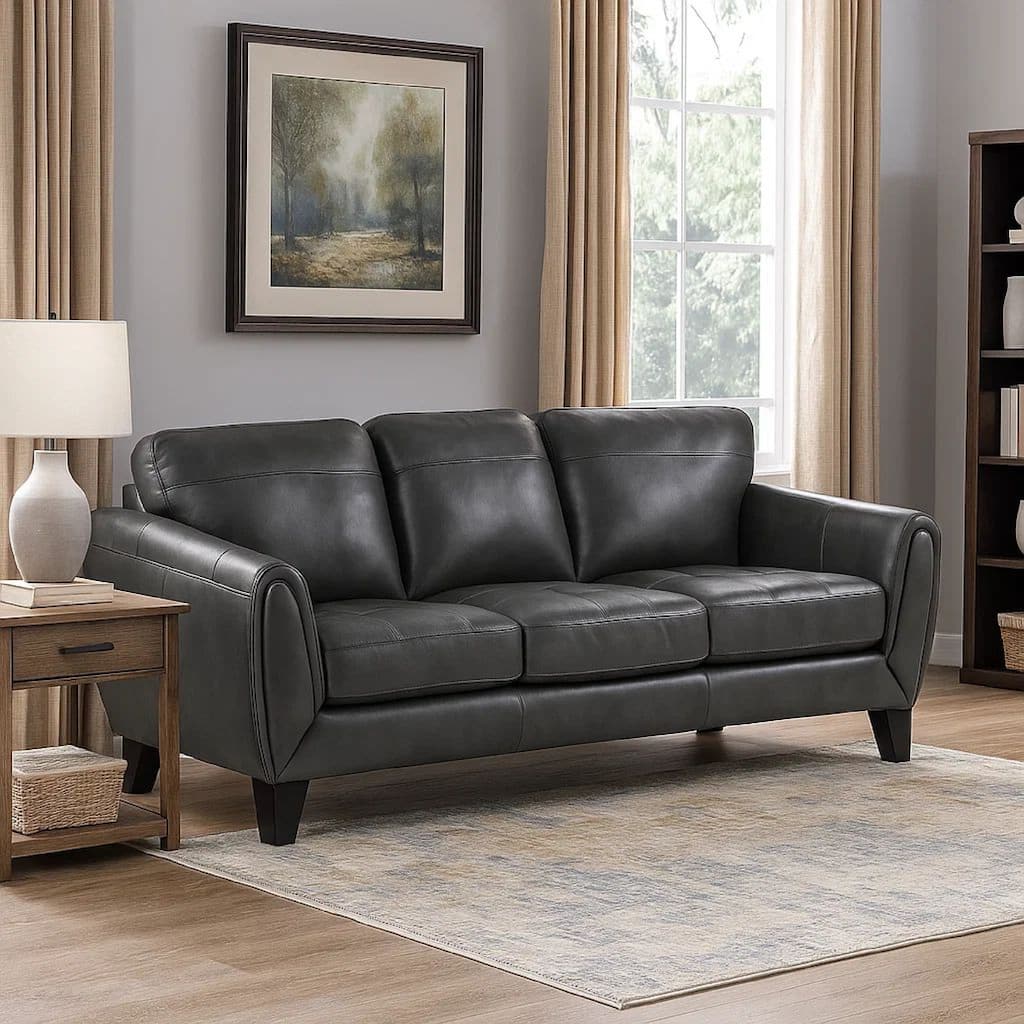 Sofy 83 Inch Sofa, Dark Gray Top Grain and Faux Leather, Solid Wood Feet