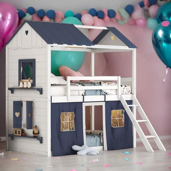 slide 2 of 30, Twin over Twin Wood Bunk Bed With Elegant Windows,Sills and Tent for Bedroom Blue+White