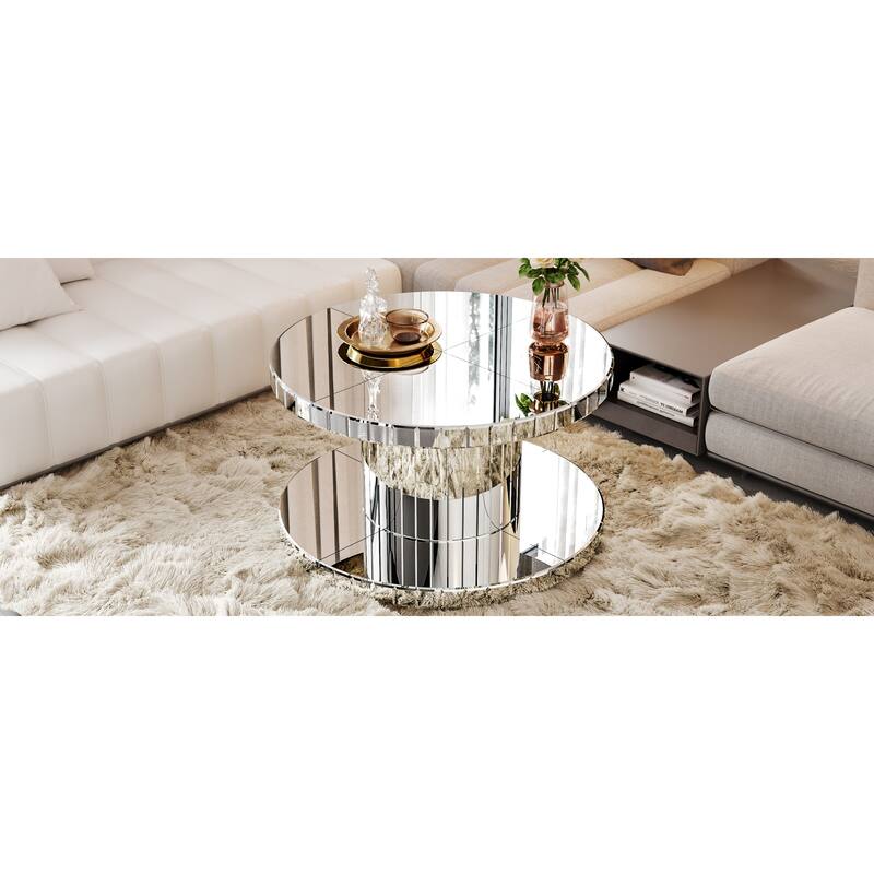 Roomfitters 31.5" Round Mirrored Coffee Table, 2 Tier Fluted Glass Center Table for Living Room, Silver
