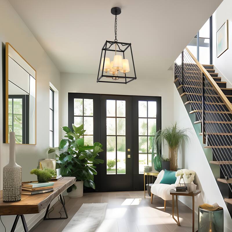 Modern Farmhouse 4-Light Black Gold Geometric Chandelier Metal Pendant Lights with Fabric Shades - 14 "